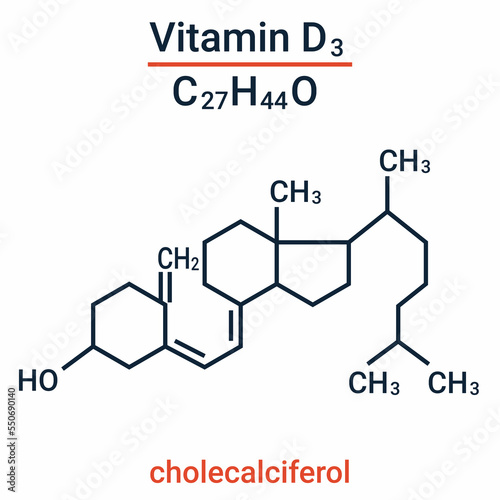 Vitamin D - cholecalciferol. Vector illustration for medical articles. Structural chemical formula of a molecule. Vitamin D is used to prevent beriberi and rickets.