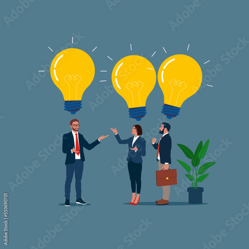 Thinking business people office workers team up share lightbulb lamp business idea. Flat modern vector illustration.