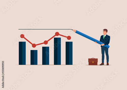 Businessman draw expectation line on KPI graph. Set expectation, key performance indicator for improvement growth, hope or success. Flat modern vector illustration.