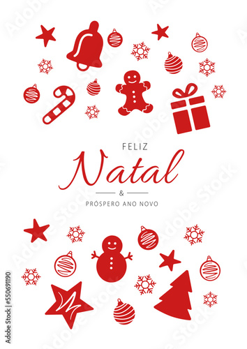Portuguese text: Feliz Natal e próspero ano novo. Merry Christmas and Happy New Year. Vector illustration