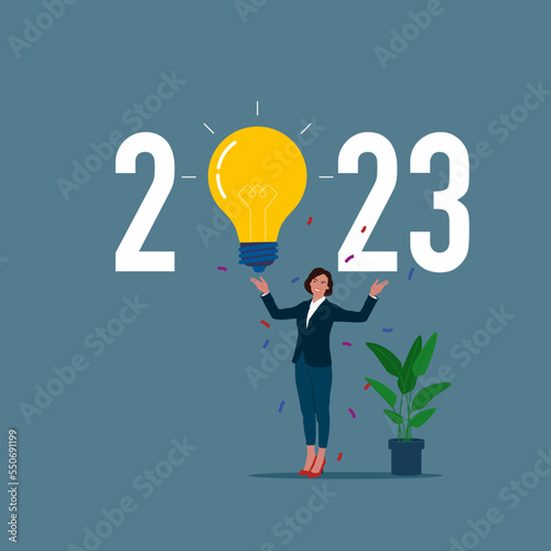 Happy businesswoman holding light bulb with 2023 word. 2023 new year idea light bulb. Flat modern vector illustration