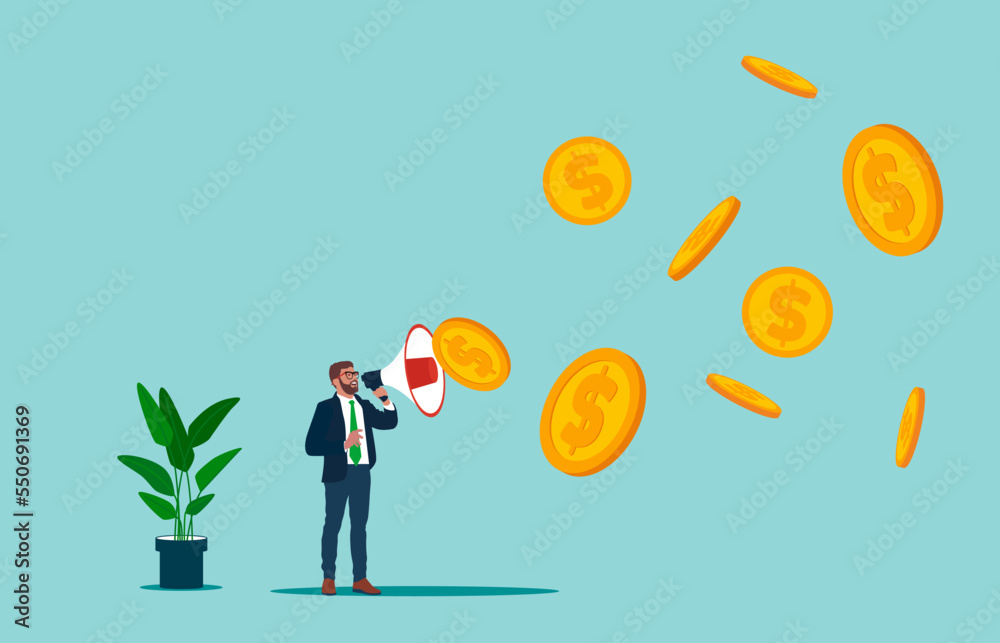 Obraz premium Businessman holds megaphone speaker or loudspeaker bullhorn for announce promotion, megaphone voice with money coin. voice for money. Flat modern vector illustration