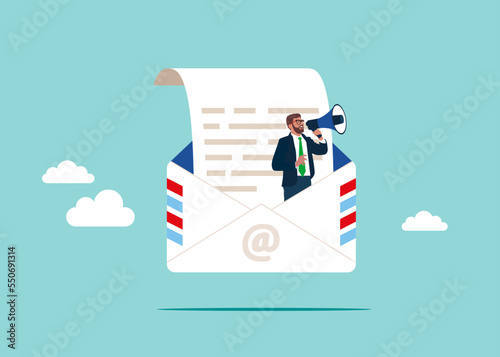 Businessman holds megaphone standing in email envelope announcing. Subscription on web. Sending email newsletter for discount. Email marketing. Flat modern vector illustration.