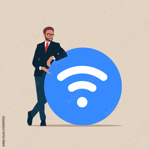Businessman and WIFI logo. Flat vector illustration