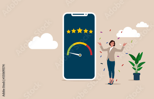 Businesswoman business get five stars, best review. Good performance, high quality reputation. Excellent customer reviews and high rating, best service. Flat modern vector illustration