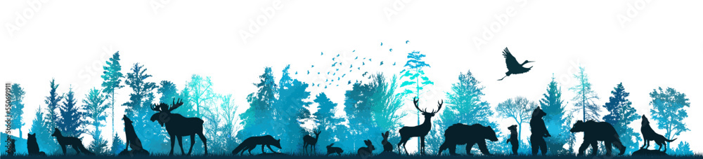Forest landscape with silhouettes of animals. Vector illustration - obrazy, fototapety, plakaty 
