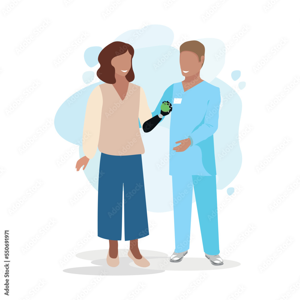 Friendly doctor in a rehab center. Limb prosthetics. Restoring health after illness and injury and amputation. Flat vector illustration. Friendly doctor in a rehab center. Limb prosthetics. Restoring health after illness and injury and amputation. Flat vector illustration.