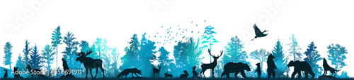 Forest landscape with silhouettes of animals. Vector illustration photo