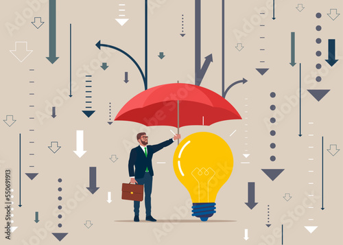 Idea light bulb under umbrella. Idea  protection. Flat modern vector illustration