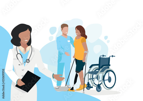 Friendly doctor in a rehab center. Limb prosthetics. Restoring health after illness and injury and amputation. Flat vector illustration.