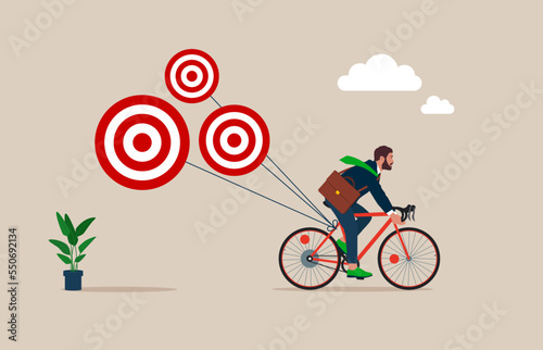 Businessman Riding a bicycle Tries to pull many target. Planning and successful. Business next target. Business success goal vector illustration