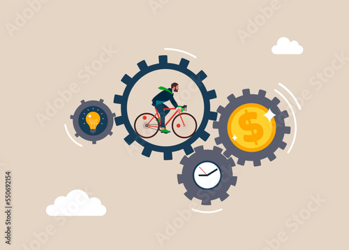Businessman riding a bike with full effort inside gear cogs to spin time and money gears. Effort and time to make money, success long term investment, deadline effect to make people finish work