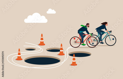 Business Team with Bicycle  pass many pitfalls to achieve business success. Avoid pitfall, adversity and brave to around pass mistake or business failure, skill and creativity to solve problem concept