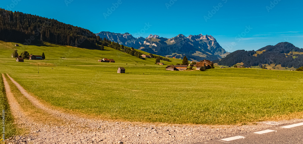Obraz premium Beautiful alpine summer view on a sunny summer day near Appenzell, Alpstein, Switzerland