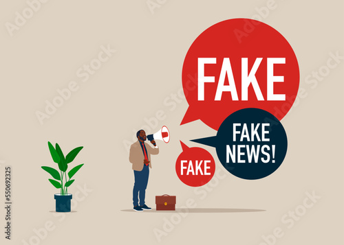 Businessman holds megaphone spreading fake news in social media. News with disinformation, lies and propaganda. Flat modern vector illustration