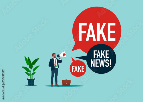 Businessman holds megaphone spreading fake news in social media. News with disinformation, lies and propaganda. Flat modern vector illustration