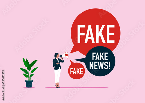 Businessman holds megaphone spreading fake news in social media. News with disinformation, lies and propaganda. Flat modern vector illustration