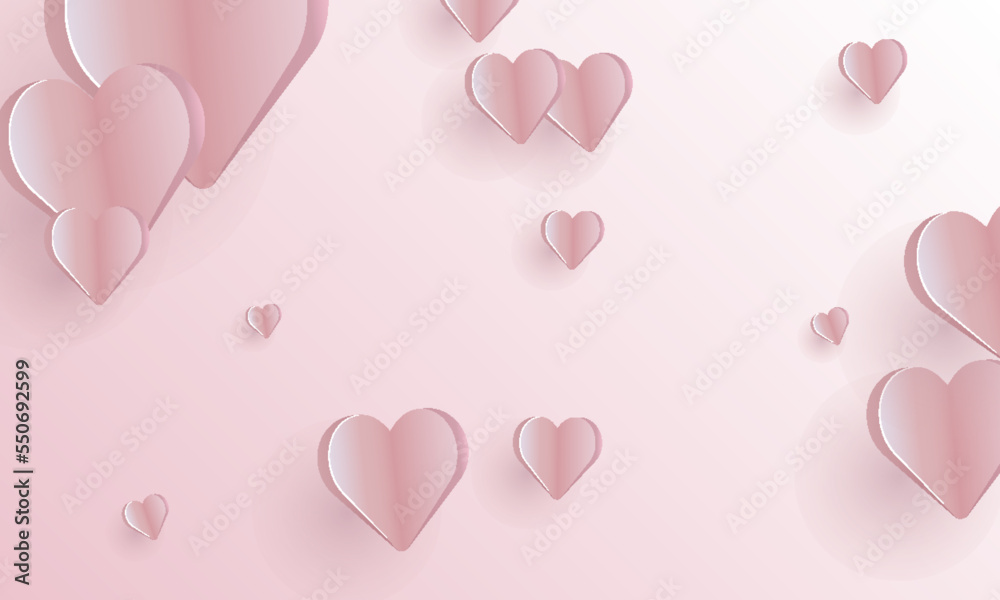 Paper elements in shape of heart flying on pink background. Vector symbols of love for Happy Women's, Mother's, Valentine's Day, birthday greeting card design