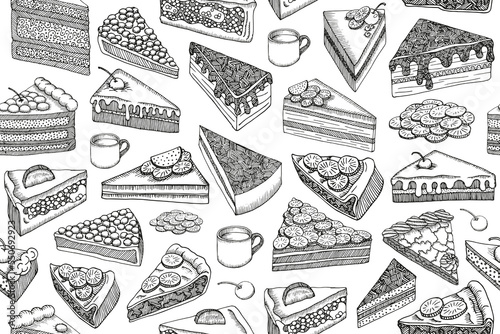Seamless background with different pieces of cakes. Hand drawn vector illustration of cheesecakes, cakes, cups of tea or coffee isolated on white background