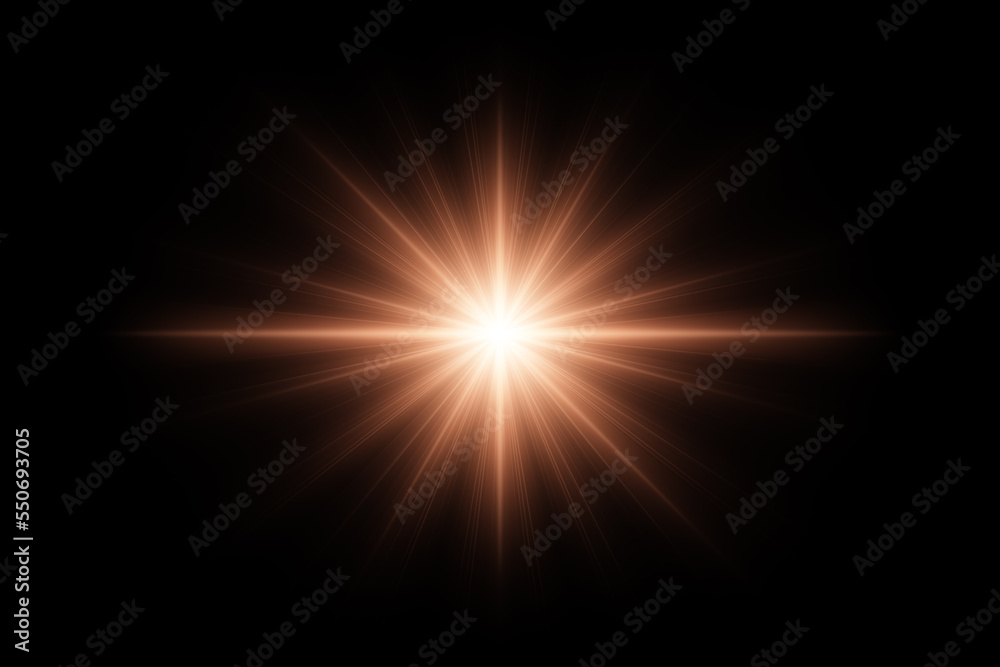 Lens flare effect with many fine light rays on black background. Digital illustration