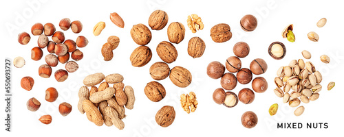 Different nuts set. PNG with transparent background. Flat lay. Without shadow. photo