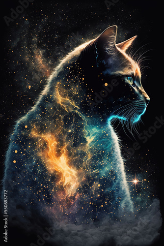 double exposure of a cat and the galaxy  whitesmoke background  art illustration