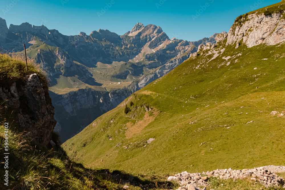 Beautiful alpine summer view with the famous Saentis summit in the background at the Ebenalp, Appenzell, Alpstein, Switzerland