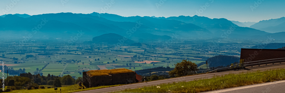 Beautiful alpine summer view of the famous Rhine valley seen from near Gais, Appenzell, Switzerland