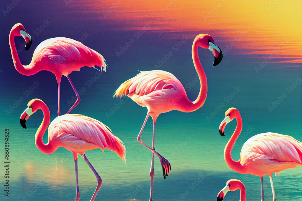 Obraz premium Beautiful tropical pattern with pink flamingo and palm leaves on dark background. Abstract summer texture.