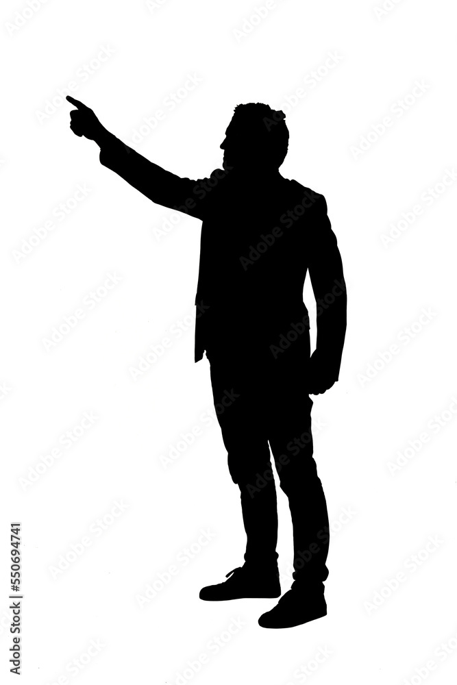 silhouette of senior man pointing on white background