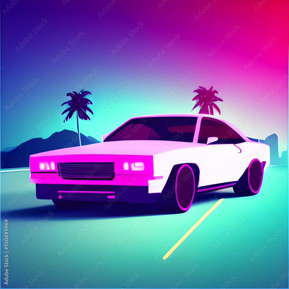 Neon car driving, syntwave, vaporwave