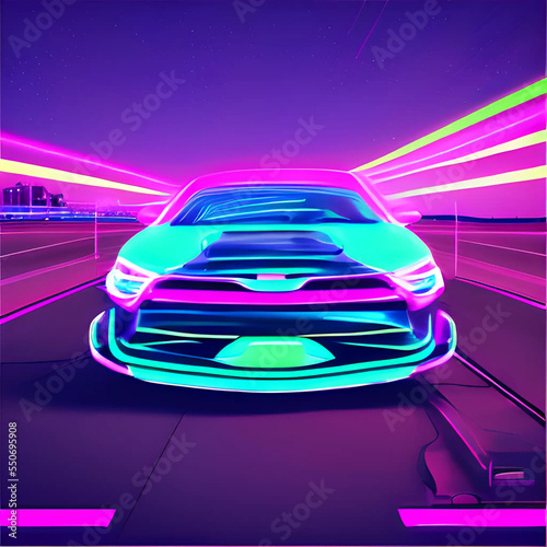 Neon car driving  syntwave  vaporwave