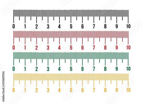10 Centimeters ruler sets. Horizontal measuring chart with markup. Scale of ruler with numbers in black, orange, red and green