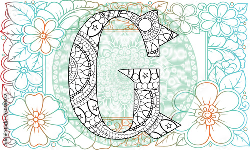 Floral alphabet letter G coloring book for adults. vector illustration.Hand drawn.Doodle style.