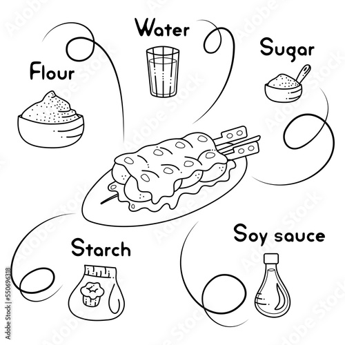 Dango set2. A small black and white set with dango and ingredients for its preparation. Doodle cartoon illustration.