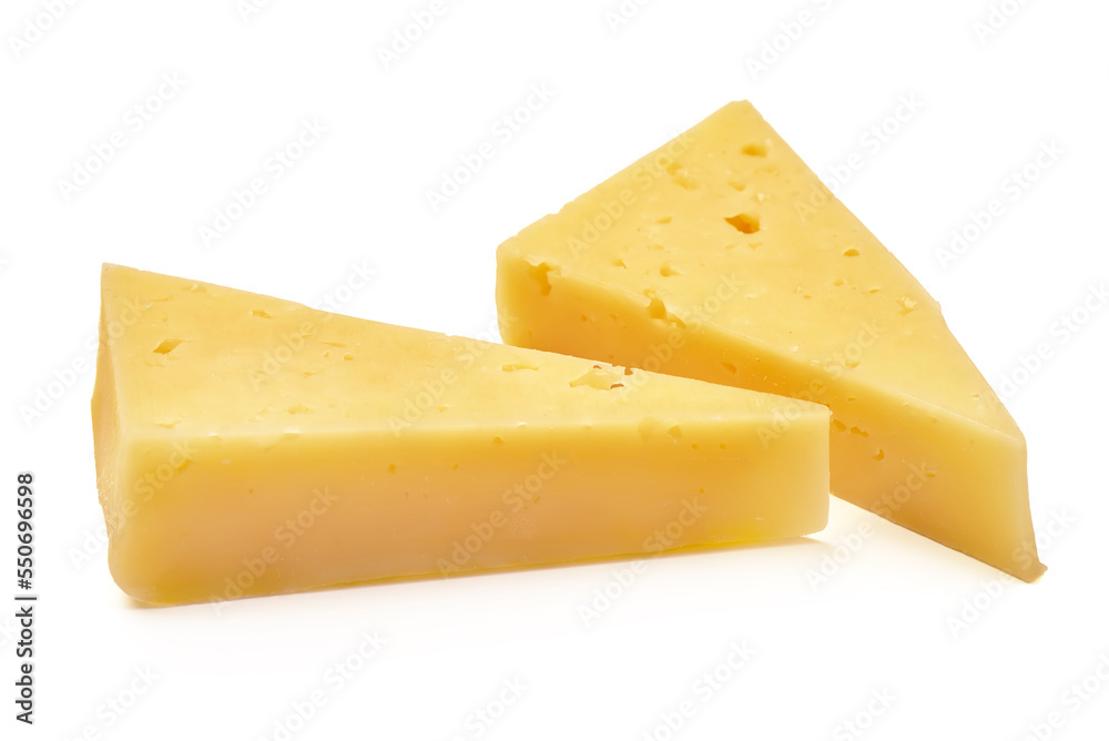 Emmental cheese, Swiss cheese, isolated on white background. High resolution image.