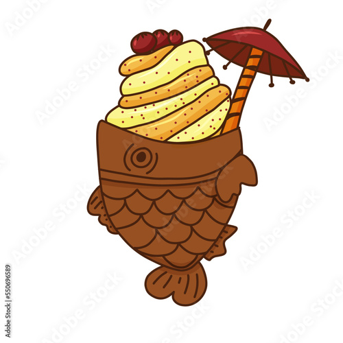 Hand drawn Taiyaki Japanese Fish-shaped cake with sweet filling of red bean cream paste Hand drawn doodle Food Illustration