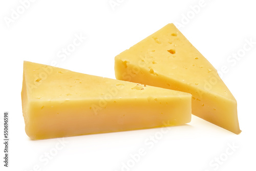 Emmental cheese, Swiss cheese, isolated on white background. High resolution image.