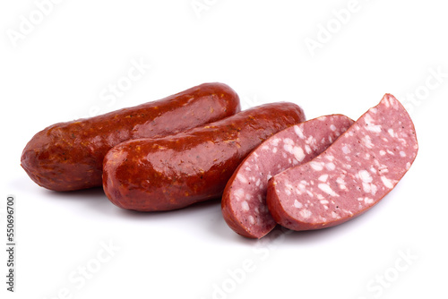 Bratwurst sausages, isolated on white background. High resolution image.