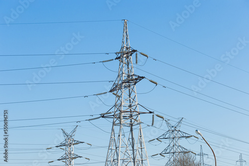 Electricity voltage high energy power technology electrical tower industry line electric blue sky