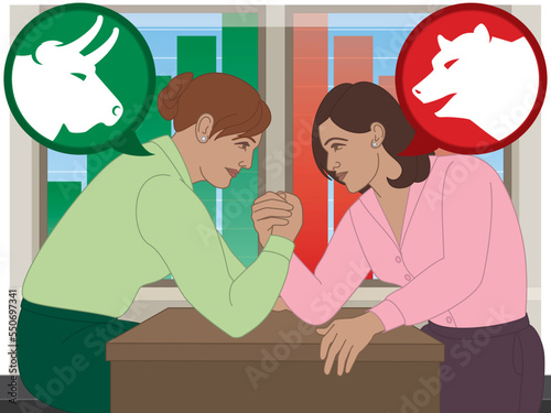 business women arm wrestling on office desk bull vs bear market with bar graph in background