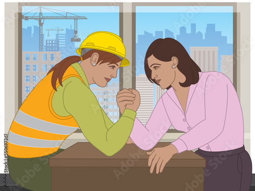 business woman and trades woman arm wrestling on desk, office window showing city skyline with buildings and cranes in background