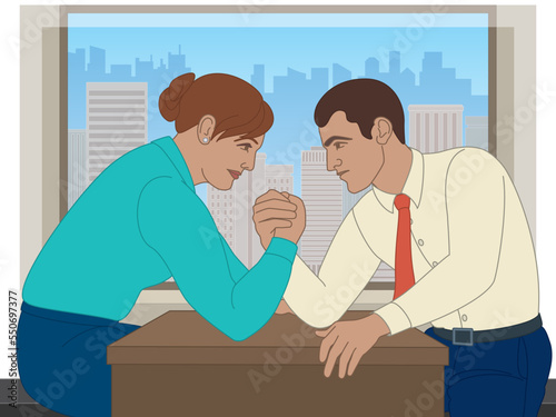 business man and business woman arm wrestling on office desk, window showing buildings and city skyline in background