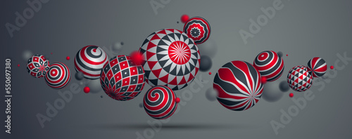 Realistic decorated spheres vector illustration, abstract background with beautiful balls with patterns and depth of field effect, 3D globes design concept art.