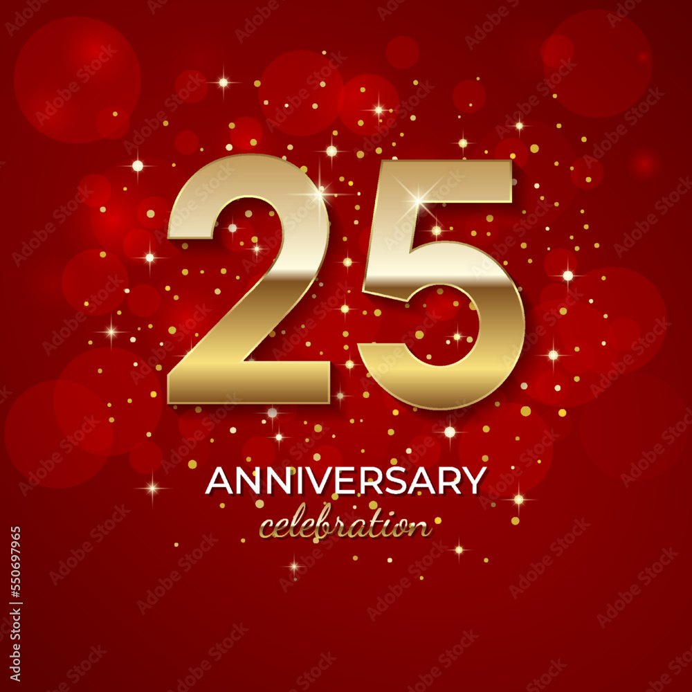 25th Anniversary. Golden number 25 with sparkling confetti and glitter for celebration events, weddings, invitations and greeting cards. Realistic 3d sign. Vector festive illustration 25th Anniversary. Golden number 25 with sparkling confetti and glitter for celebration events, weddings, invitations and greeting cards. Realistic 3d sign. Vector festive illustration