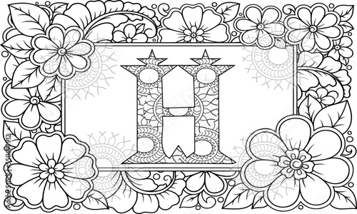 Floral alphabet letter H coloring book for adults. vector illustration.Hand drawn.Doodle style.
 photo