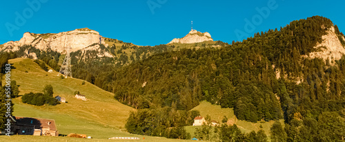 Beautiful alpine summer evening view with the famous Hoher Kasten summit near Bruelisau, Appenzell, Switzerland photo