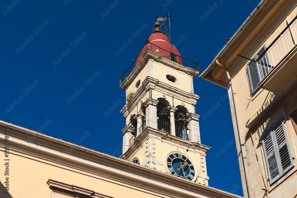 Saint Spyridon Church, a Greek Orthodox church located in Corfu, Kerkyra old town, Ionion Islands, Greece, summer sunny day, single-nave basilica with bell tower, Agios Spiridon church Saint Spyridon Church, a Greek Orthodox church located in Corfu, Kerkyra old town, Ionion Islands, Greece, summer sunny day, single-nave basilica with bell tower, Agios Spiridon church