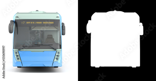 Front of blue city bus with open dors 3d render image on white with alpha photo