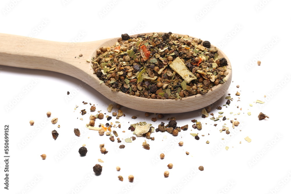 Mixture of spices with vegetables and lemon and orange peel, allspice, black pepper, coriander, bay leaf, carrot, parsnip, clove, ginger, leek, onion, parsley, paprika isolated on white, side Mixture of spices with vegetables and lemon and orange peel, allspice, black pepper, coriander, bay leaf, carrot, parsnip, clove, ginger, leek, onion, parsley, paprika isolated on white, side